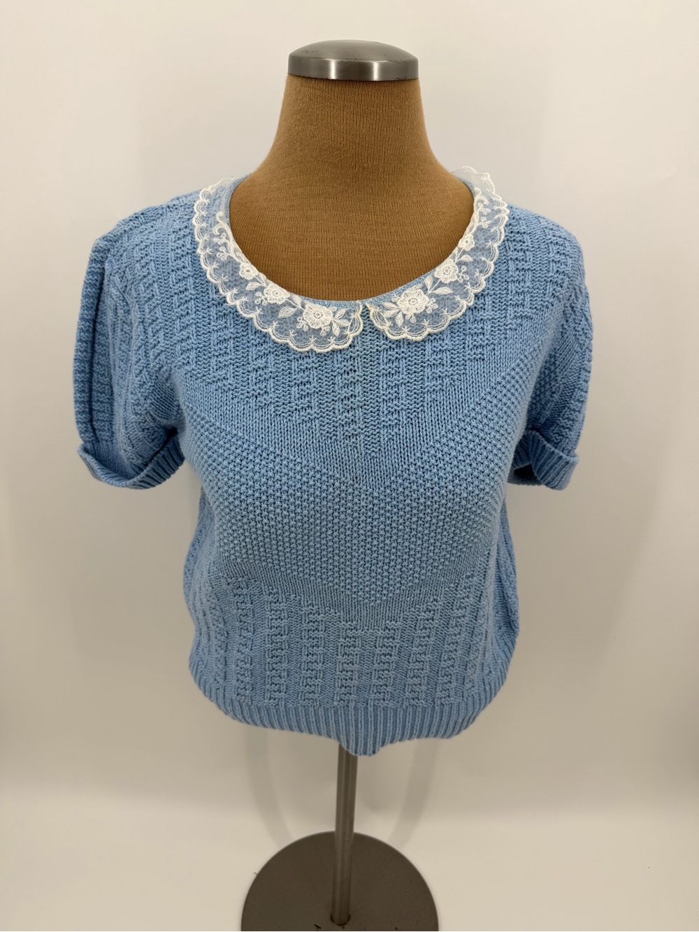 Vintage Baby Blue Lace Collar Knit Sweater Cottagecore Western Sportswear USA